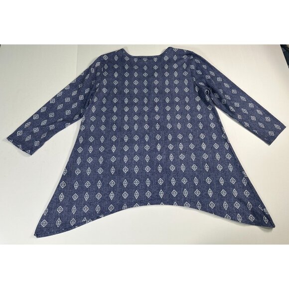 Signature 1 Studio Women’s Blouse Blue with Diamond Print Keyhole Neck Size L - Picture 6 of 8